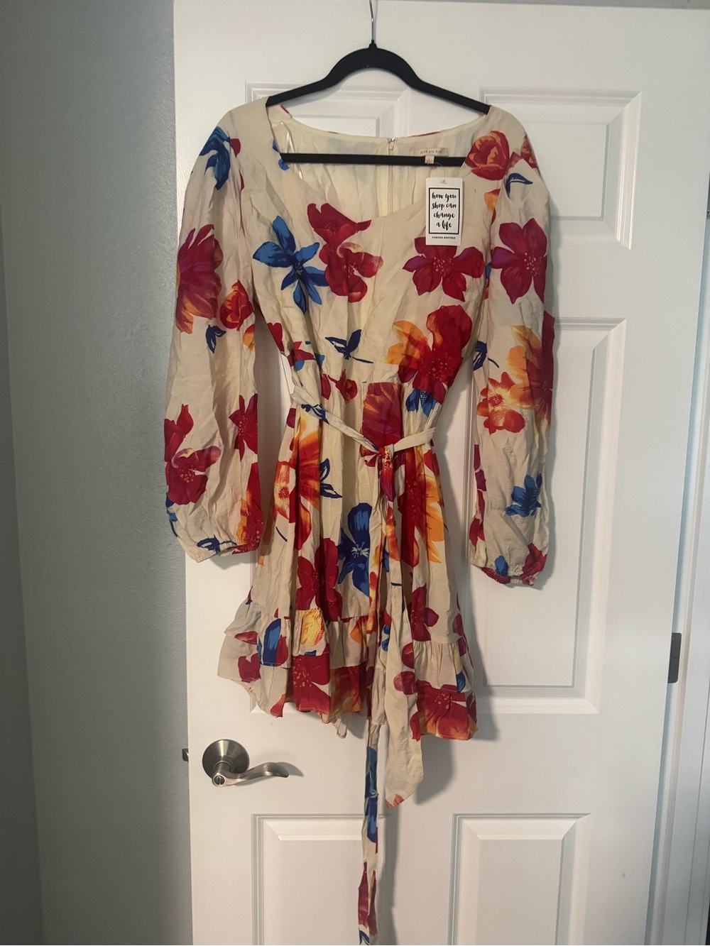 Skies Are Blue Cream Mini Dress with Red & Orange Floral Print